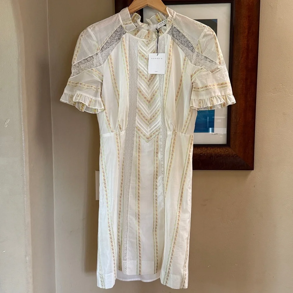 Sandro “Mary” Lace-Panel Mini Dress | Ecru | French Romanticism 38 | US 4 - Picture 4 of 11